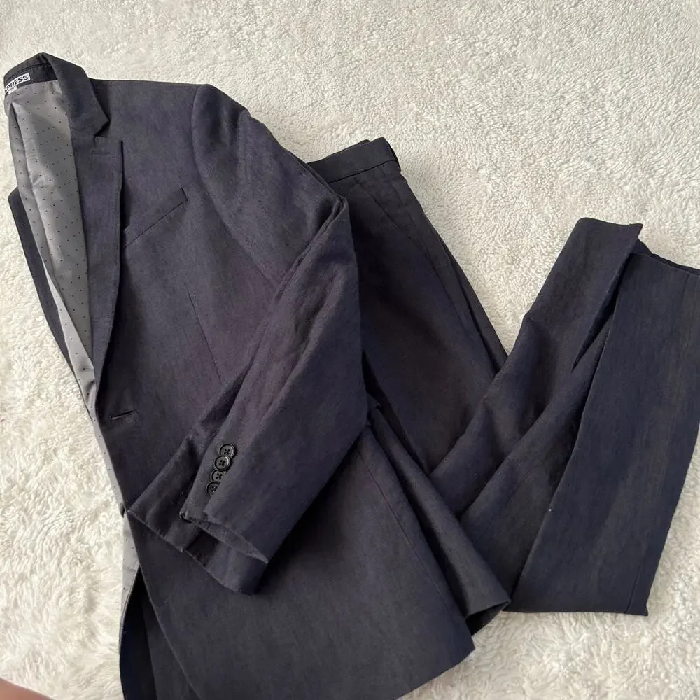 Express Men Navy Linen Cotton Suit 29x30 38 Jacket Preppy Weddings Business Work